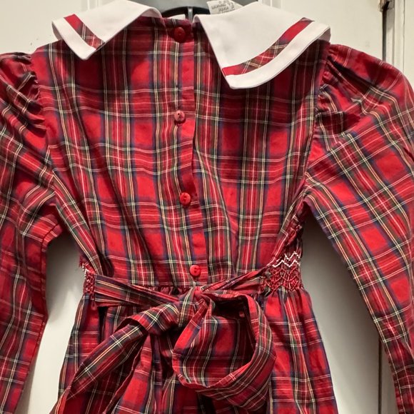 Polly Finders Red plaid smocked with plaid trimmed collar and tie bow 6X - Picture 4 of 7
